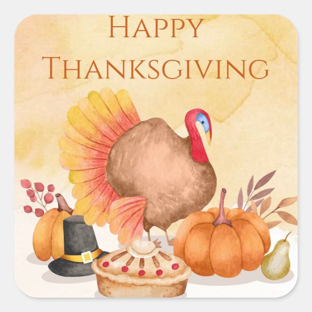 Happy thanksgiving watercolor turkey pumpkins square sticker (Front)