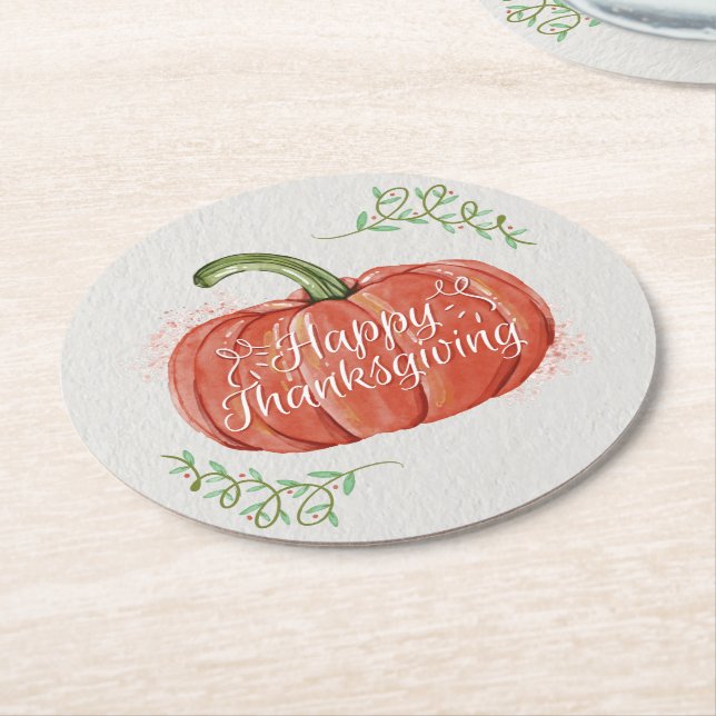 Happy Thanksgiving - WC Pumpkin with Word Art Round Paper Coaster (Angled)