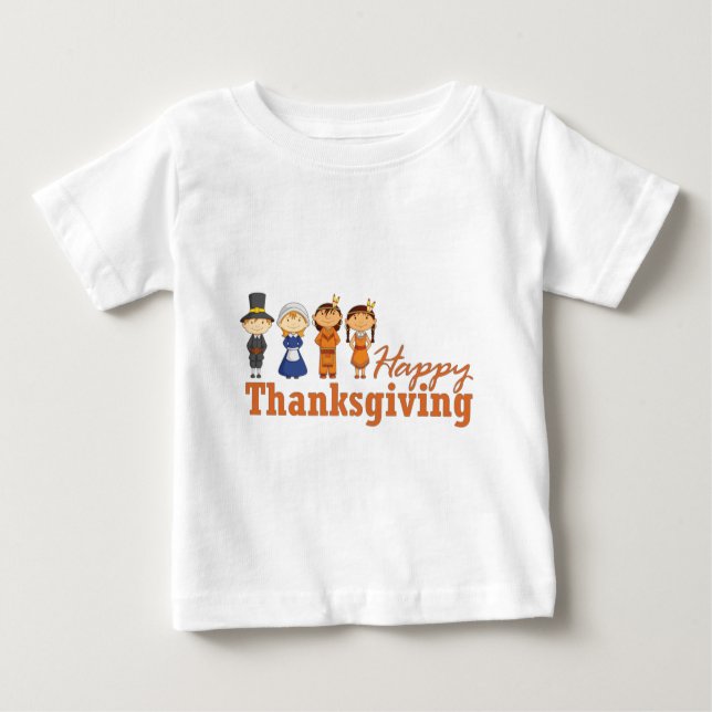 Happy Thanksgiving with Pilgrim Native American Baby T-Shirt (Front)