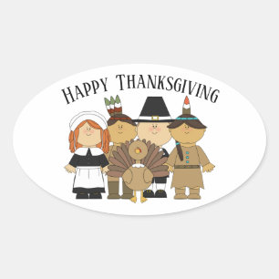 Happy Thanksgiving with Pilgrims and Indians Oval Sticker