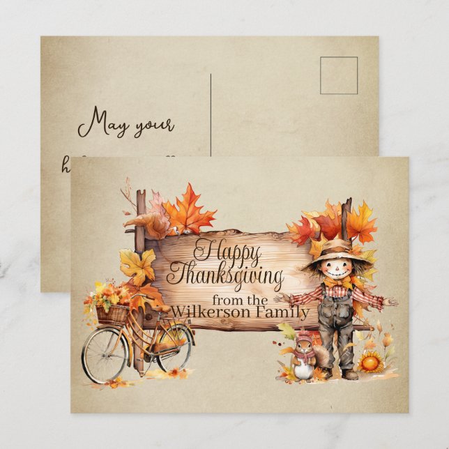 Happy Thanksgiving Wood Sign & Autumn Scene Postcard (Front/Back)
