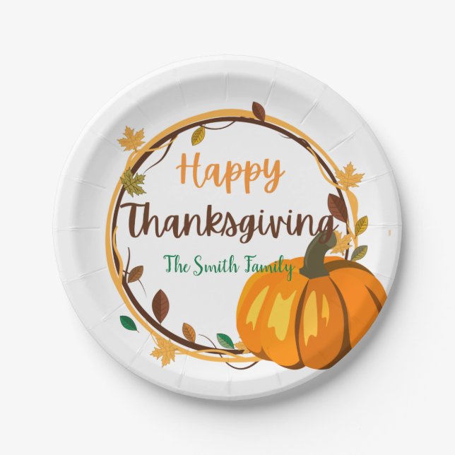 Happy Thanksgiving Wreath Paper Plates, 7" Round Plate (Front)