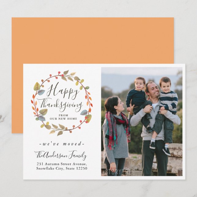 Happy Thanksgiving Wreath Photo Holiday Moving Announcement (Front/Back)