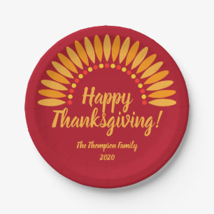 Happy Thanksgiving Yellows Red Add Name & Year 7" Paper Plate