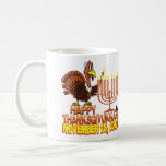 Happy Thanksgivukkah Coffee Mug<br><div class="desc">It's the very funny 'Happy Thanksgivukkah' coffee mug. That's right... this year, for the only time in our lives, Hanukkah falls on Thanksgiving! This classic mug commemorates this rare occurrence with a funny cartoon turkey wearing a yamaka, and lighting the Menorah. A festive orange, brown, and yellow fall theme includes...</div>