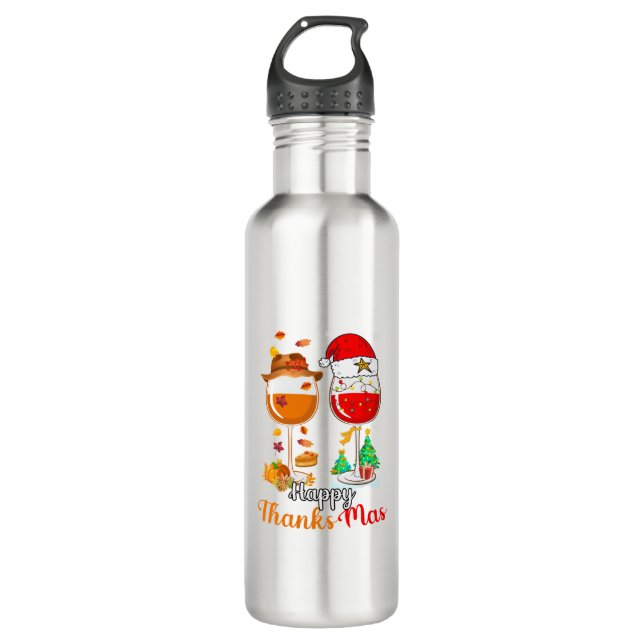 Happy Thanksmas Wine Thanksgiving Christmas Long S 710 Ml Water Bottle (Front)
