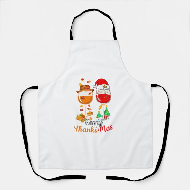 Happy Thanksmas Wine Thanksgiving Christmas Long S Apron (Front)