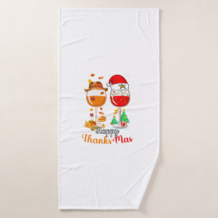 Happy Thanksmas Wine Thanksgiving Christmas Long S Bath Towel
