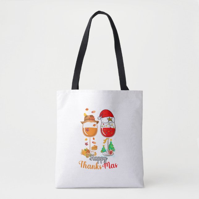 Happy Thanksmas Wine Thanksgiving Christmas Long S Tote Bag (Front)