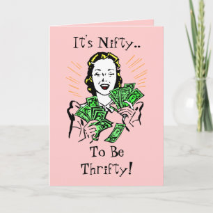 Happy Thrifty Lady Money in Hand Savings Gifts Thank You Card