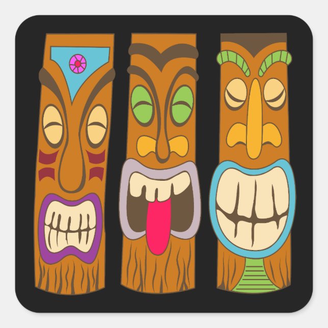 Happy Tiki Statues, Funny Black Square Sticker (Front)
