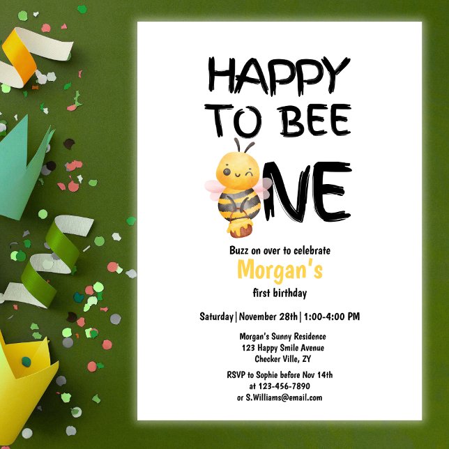 Happy To Bee One Honey Yellow Girls 1st Birthday Invitation (Creator Uploaded)