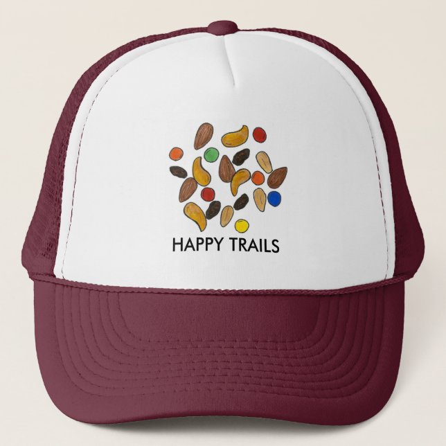 Happy Trails Nuts Raisins Snack Food Trail Mix Trucker Hat (Front)