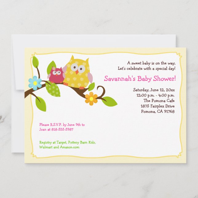 Happy Tree Owls 5x7 Baby Shower Invitation (Front)