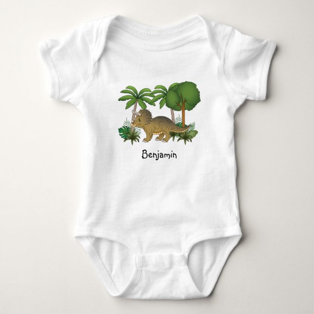 Happy Triceratops Dinosaur With Trees And Plants Baby Bodysuit (Front)