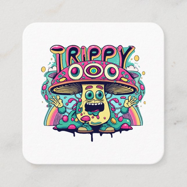 Happy Trippy Mushroom Square Business Card (Front)