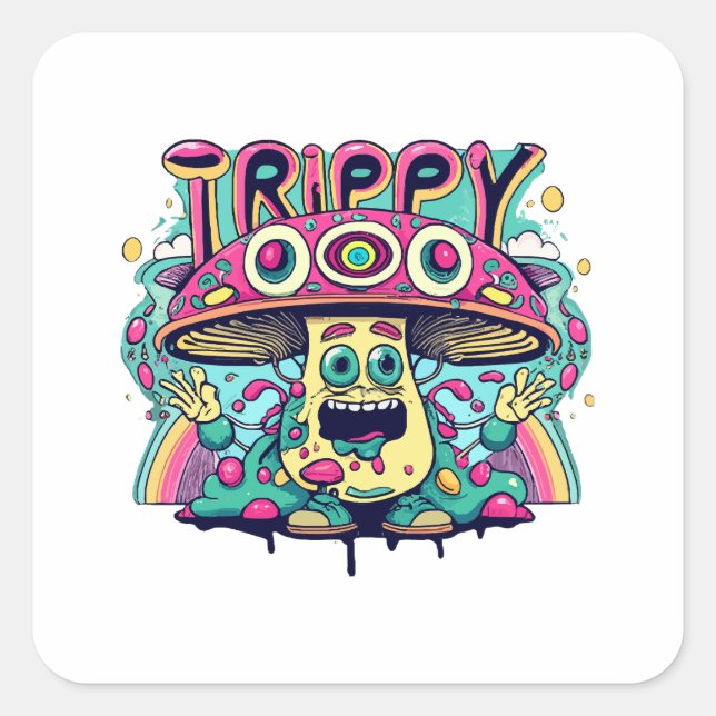 Happy Trippy Mushroom Square Sticker (Front)
