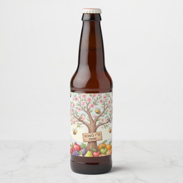 Happy Tu B'Shevat – Colorful Blossom & Fruit Beer Bottle Label (Front)