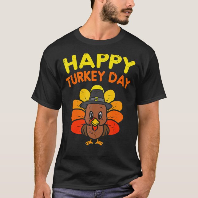 Happy Turkey Day  Cute Little Pilgrim Thanksgiving T-Shirt (Front)