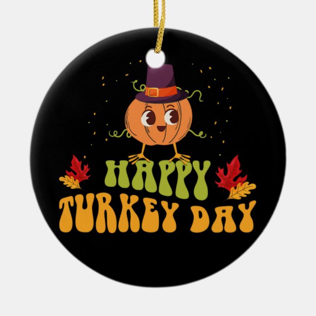 happy turkey day fall thanksgiving day special ceramic tree decoration (Front)