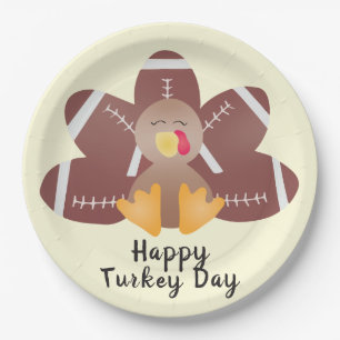 Happy Turkey Day Football Feathers Paper Plate