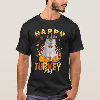 Happy Turkey Day White Cat Thanksgiving Day Tees H