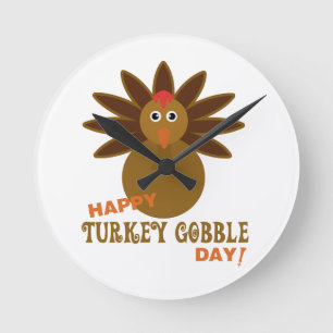Happy Turkey Gobble Day Thanksgiving Round Clock