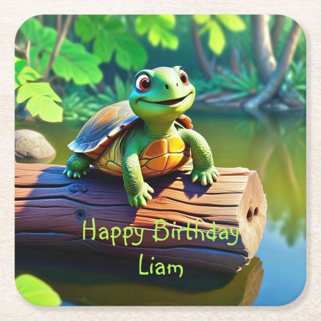 Happy Turtle Birthday Square Paper Coaster (Front)