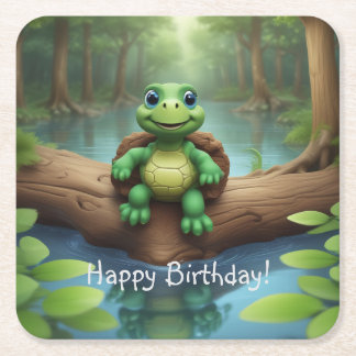 Happy Turtle Birthday Square Paper Coaster