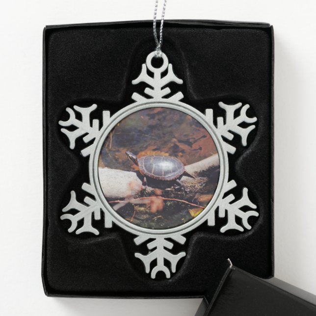 Happy Turtle Snowflake Pewter Christmas Ornament (Box)
