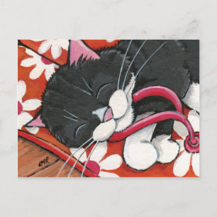 Happy Tuxedo Cat Asleep on a Pair of Flip Flops Postcard