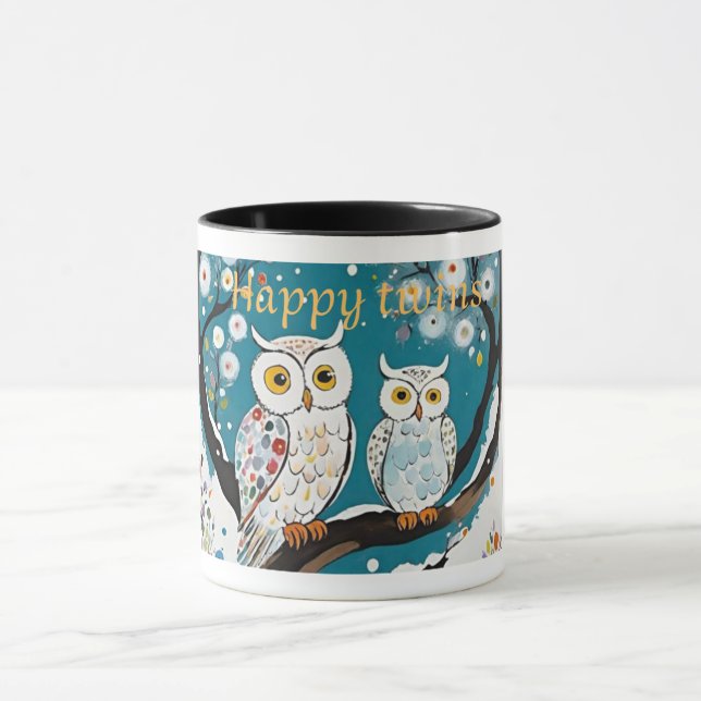 Happy Twins" Ceramic Mug with Cute Owl Design (Center)