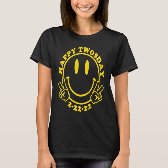 Happy Twosday 2 22 22 Happy Face Retro Style Peace T-Shirt (Front)