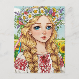 Happy Ukrainian Girl Flower Wreath Postcard