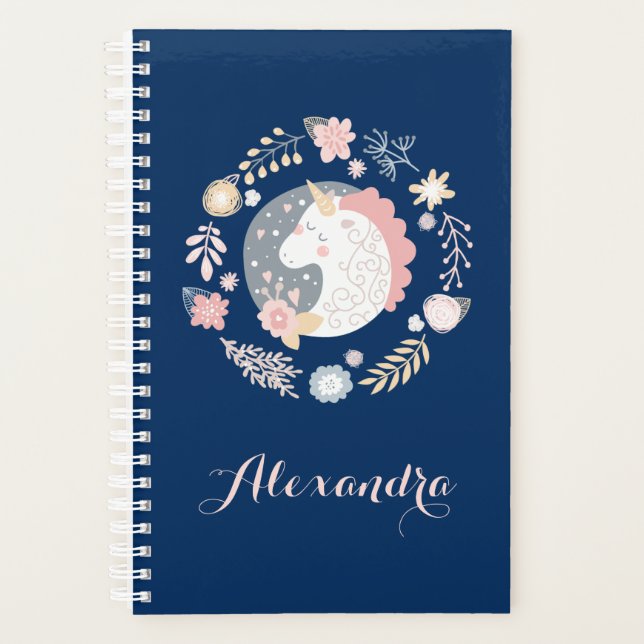 Happy Unicorn Blush & Navy Personalised Planner (Front)