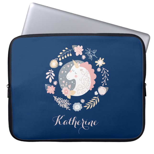 Happy Unicorn Cute Personalised Navy Laptop Sleeve (Front)
