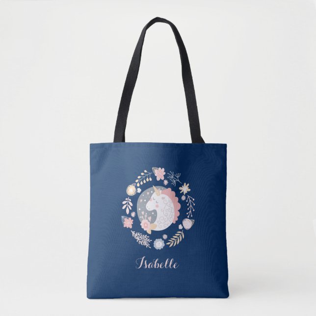 Happy Unicorn Cute Personalised Navy Tote Bag (Front)