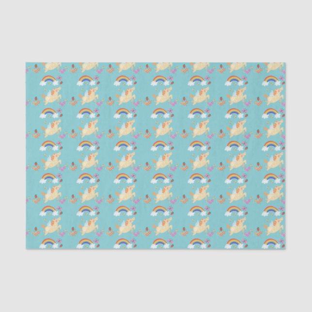 Happy Unicorn with Rainbow Clouds and Flowers Tissue Paper (Front)
