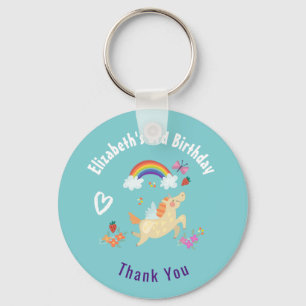 Happy Unicorn with Rainbow Clouds Birthday Thanks Key Ring