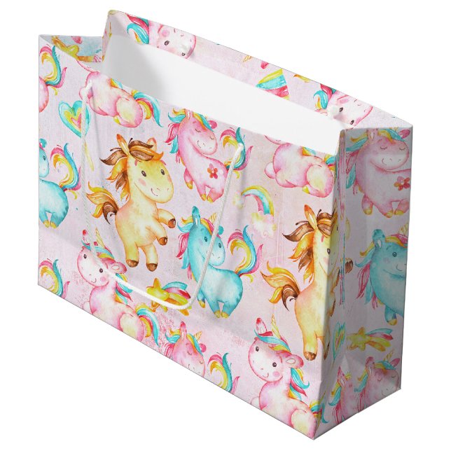Happy Unicorns Pattern-Unicorn Love in Pink Large Gift Bag (Front Angled)