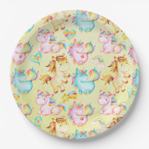 Happy Unicorns Pattern-Unicorn Love in Yellow Paper Plate