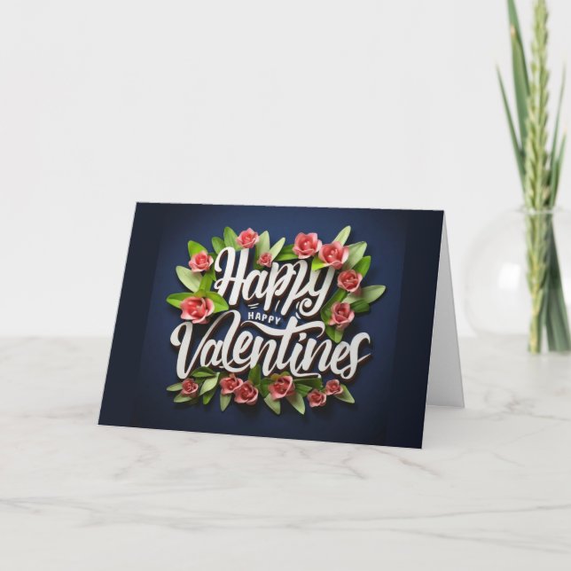 Happy Valentine card navy love card flowers  (Front)