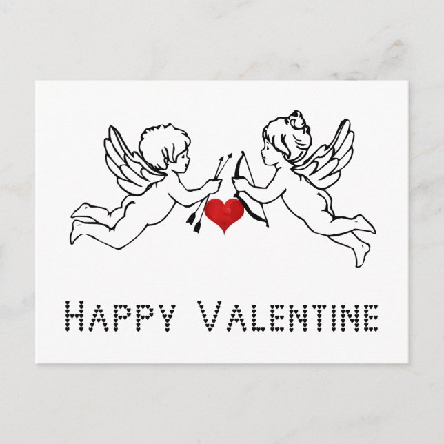 Happy Valentine Cherubs Cupid Couple Red Heart Holiday Postcard (Front)