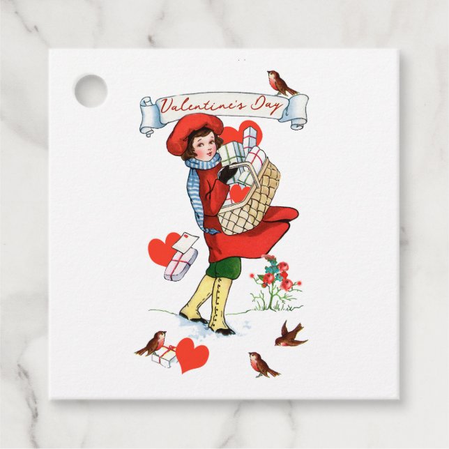 Happy Valentine Girl and Birds Vintage Gift Tag (Front)
