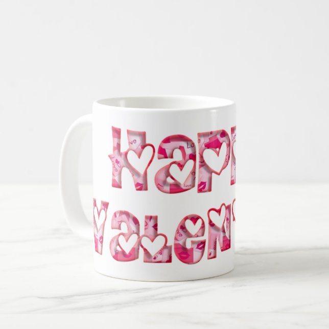 Happy Valentine Love Hearts Typography Pink Coffee Mug (Front Left)