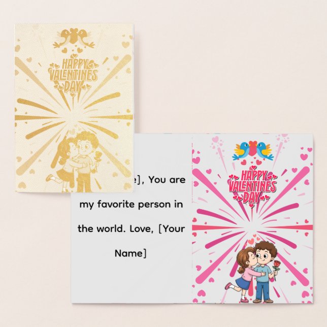 Happy Valentine’s Day Cute Couple Illustration  Foil Card (Display)