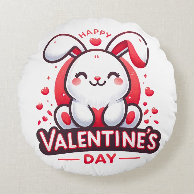 Happy Valentine s Day Cute Rabbit Round Cushion (Front)