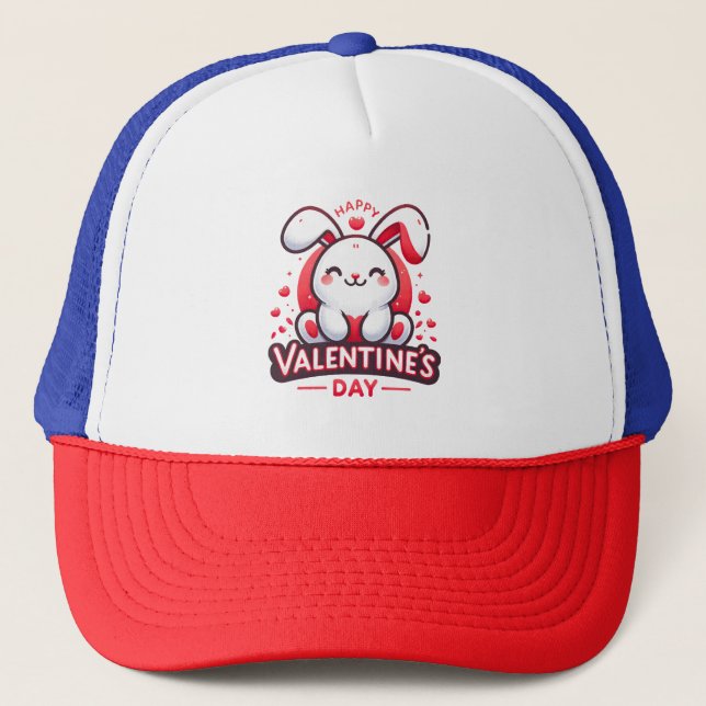 Happy Valentine s Day Cute Rabbit Trucker Hat (Front)