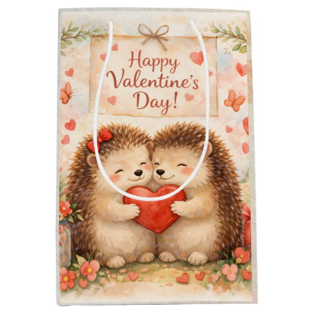 Happy Valentine’s Day Hedgehog Love Illustration Medium Gift Bag (Front)