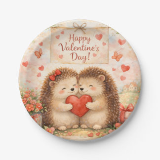 Happy Valentine’s Day Hedgehog Love Illustration Paper Plate